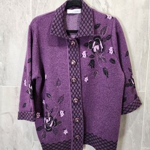 RICH Purple Patterned Knit Cardigan with Floral Accent
